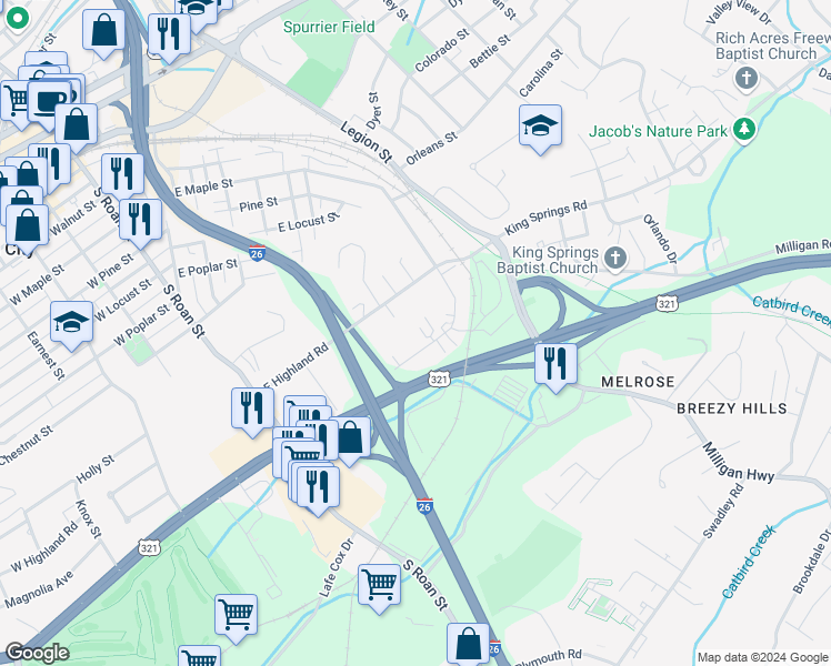 map of restaurants, bars, coffee shops, grocery stores, and more near 160 East Grande Avenue in Johnson City