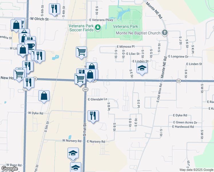 map of restaurants, bars, coffee shops, grocery stores, and more near 300 East New Hope Road in Rogers