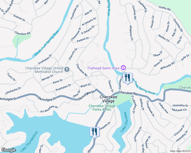 map of restaurants, bars, coffee shops, grocery stores, and more near 17 Setting Sun Trce in Cherokee Village