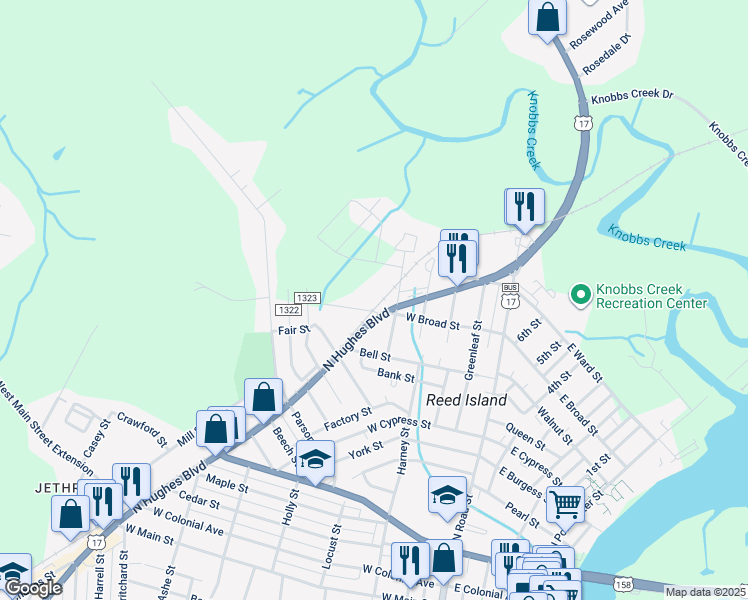 map of restaurants, bars, coffee shops, grocery stores, and more near 510 West Broad Street in Elizabeth City
