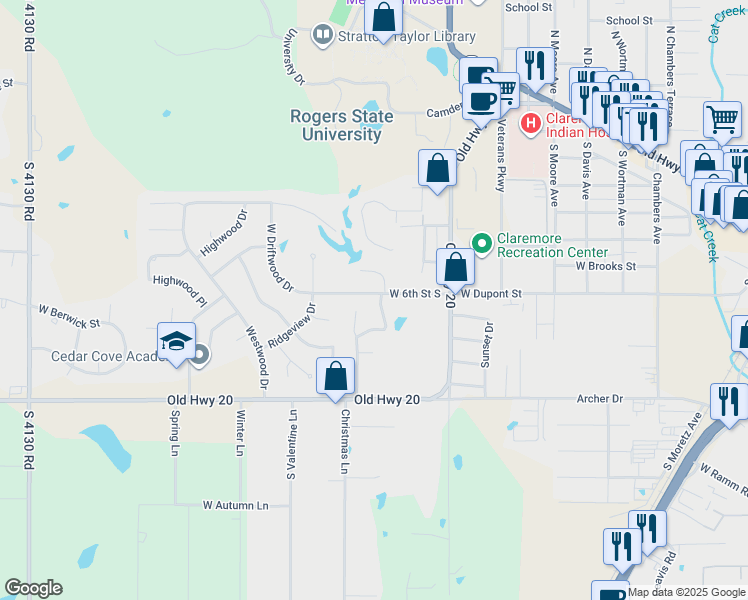 map of restaurants, bars, coffee shops, grocery stores, and more near 635 Earthside Drive in Claremore