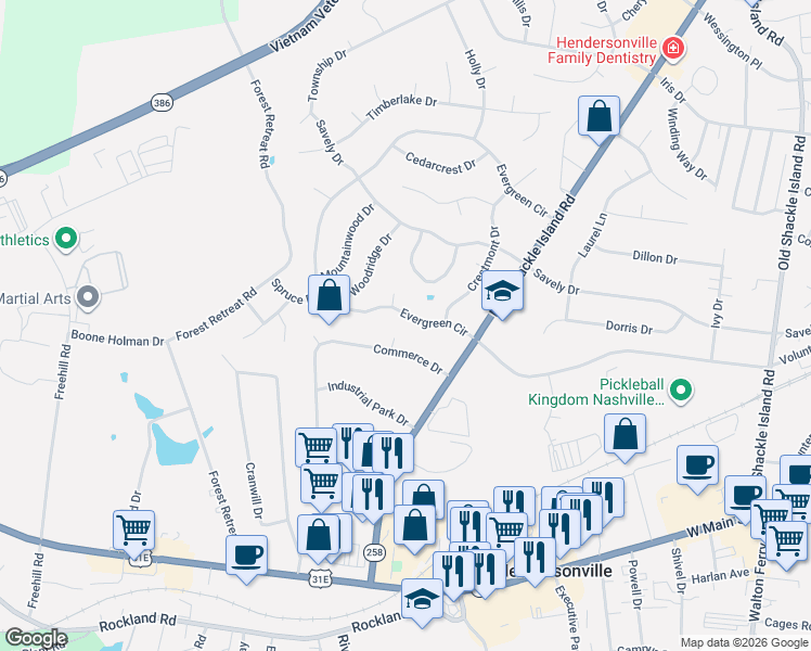 map of restaurants, bars, coffee shops, grocery stores, and more near 120 Commerce Drive in Hendersonville