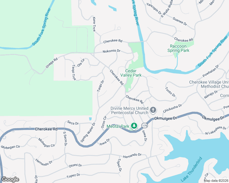 map of restaurants, bars, coffee shops, grocery stores, and more near 60 Spring Water Drive in Cherokee Village