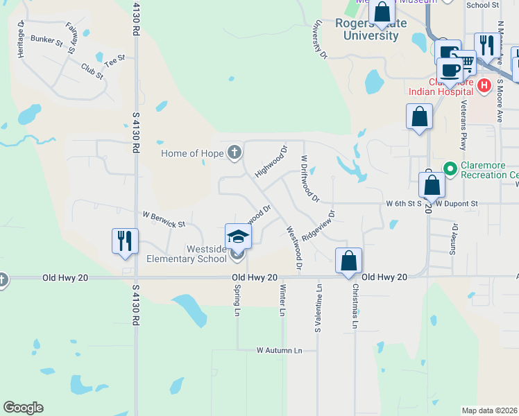 map of restaurants, bars, coffee shops, grocery stores, and more near 2705 Trailwood Drive in Claremore