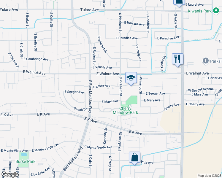 map of restaurants, bars, coffee shops, grocery stores, and more near 1949 East Laura Avenue in Visalia