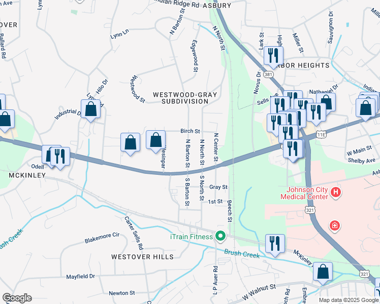map of restaurants, bars, coffee shops, grocery stores, and more near 610 North Barton Street in Johnson City