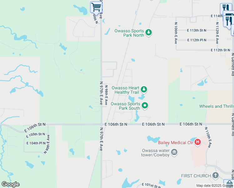 map of restaurants, bars, coffee shops, grocery stores, and more near 10723 North 100th East Avenue in Owasso