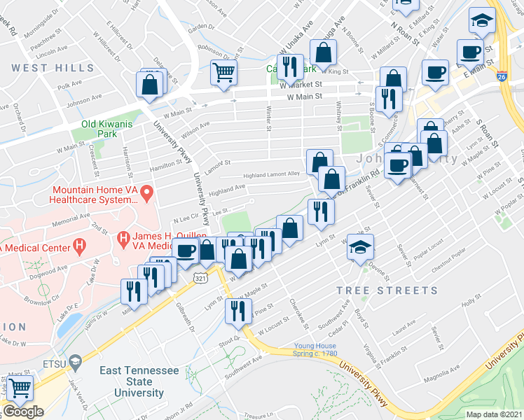 map of restaurants, bars, coffee shops, grocery stores, and more near 914 West Watauga Avenue in Johnson City