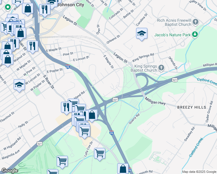 map of restaurants, bars, coffee shops, grocery stores, and more near 160 East Grande Avenue in Johnson City