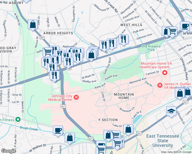 map of restaurants, bars, coffee shops, grocery stores, and more near 105 Meridith Street in Johnson City