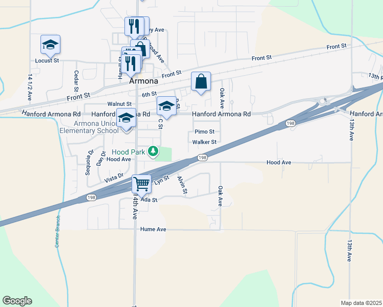 map of restaurants, bars, coffee shops, grocery stores, and more near 11185 Mesquite Circle in Armona