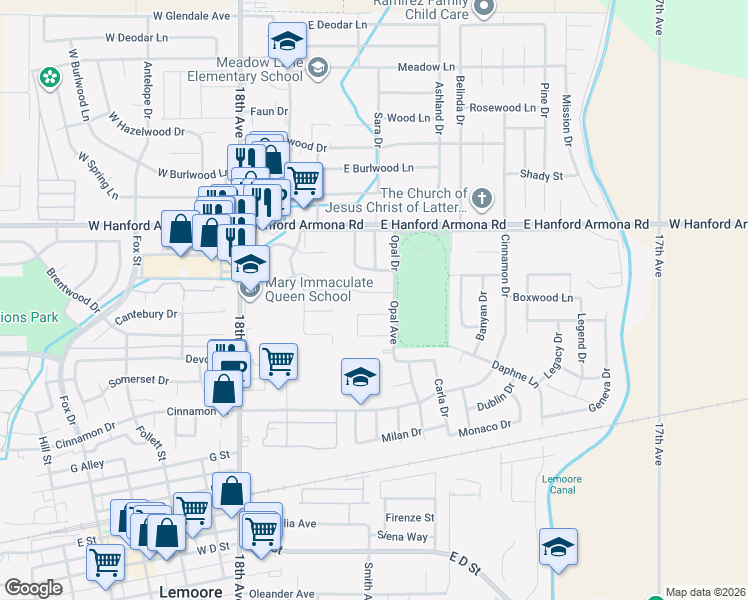 map of restaurants, bars, coffee shops, grocery stores, and more near 495 Pearl Drive in Lemoore