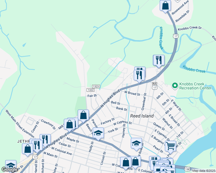 map of restaurants, bars, coffee shops, grocery stores, and more near 510 West Broad Street in Elizabeth City