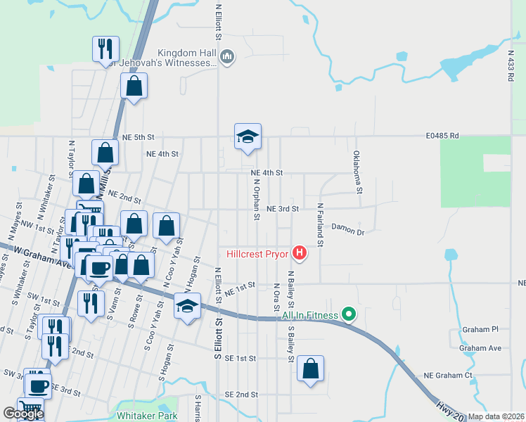 map of restaurants, bars, coffee shops, grocery stores, and more near 221 North Orphan Street in Pryor