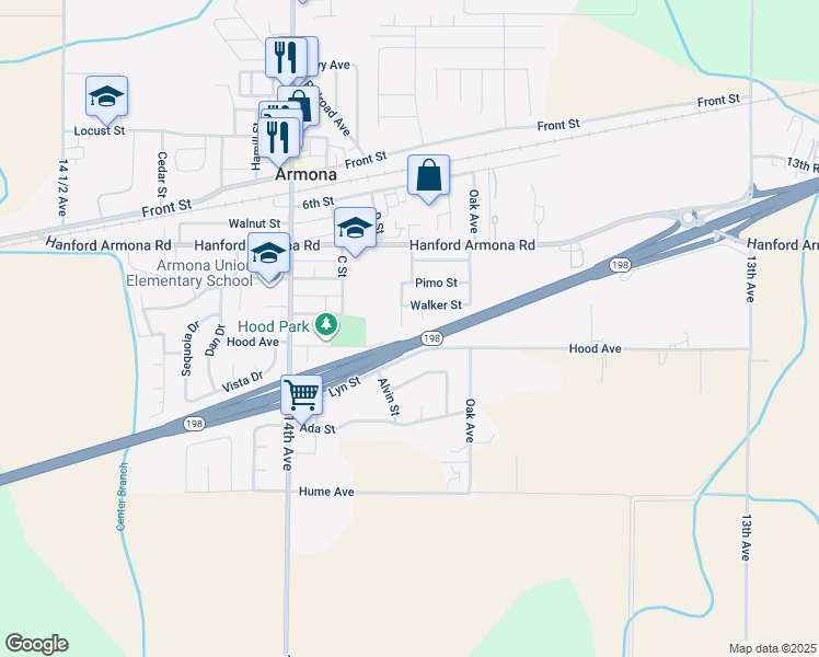 map of restaurants, bars, coffee shops, grocery stores, and more near 11185 Mesquite Circle in Armona