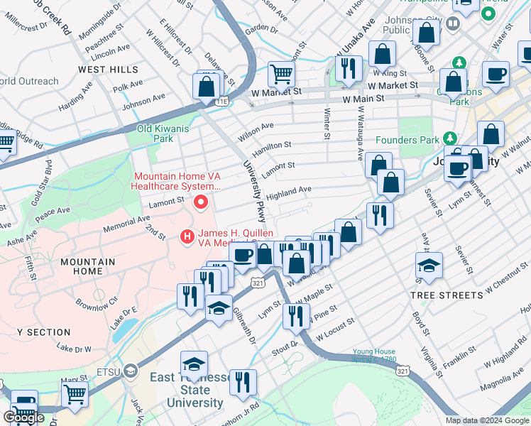 map of restaurants, bars, coffee shops, grocery stores, and more near in Johnson City