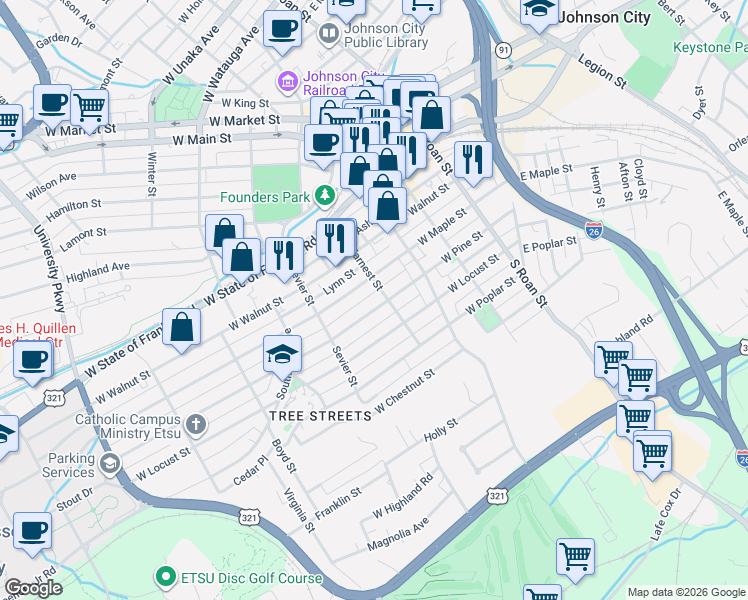 map of restaurants, bars, coffee shops, grocery stores, and more near 414 West Pine Street in Johnson City
