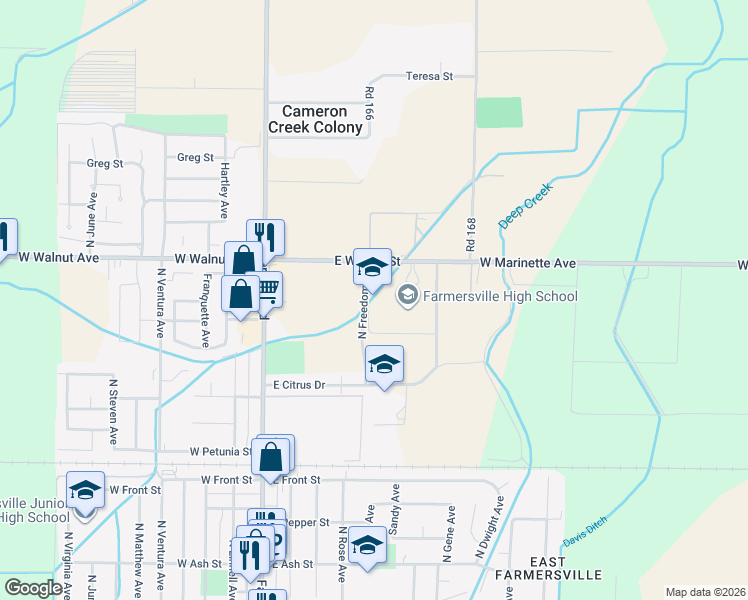 map of restaurants, bars, coffee shops, grocery stores, and more near 631 East Walnut Street in Farmersville