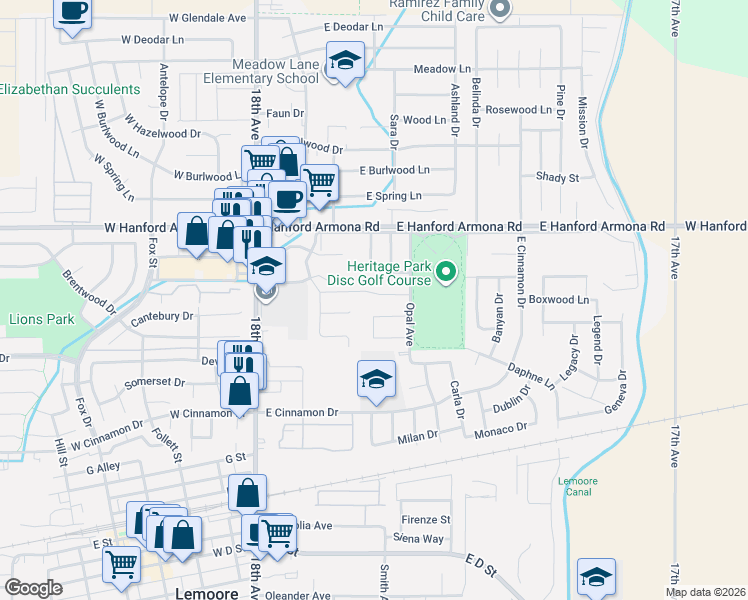 map of restaurants, bars, coffee shops, grocery stores, and more near 899 Opal Avenue in Lemoore