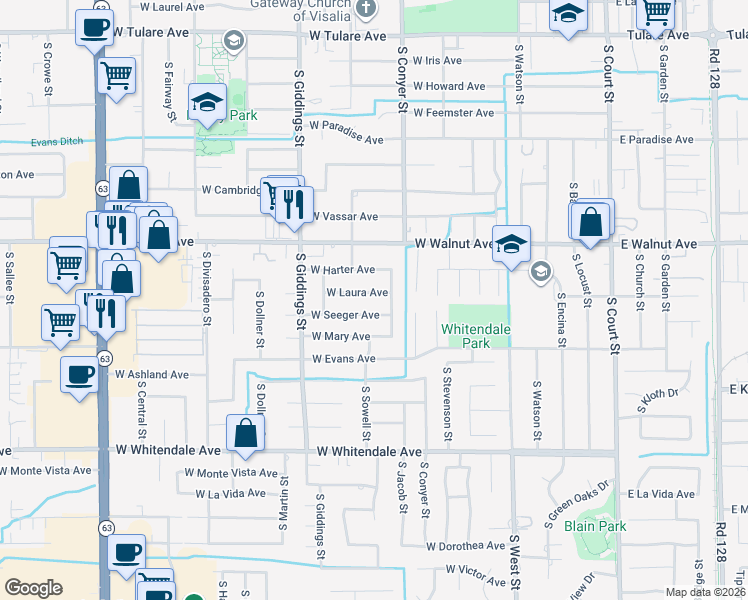 map of restaurants, bars, coffee shops, grocery stores, and more near 1020 West Seeger Avenue in Visalia