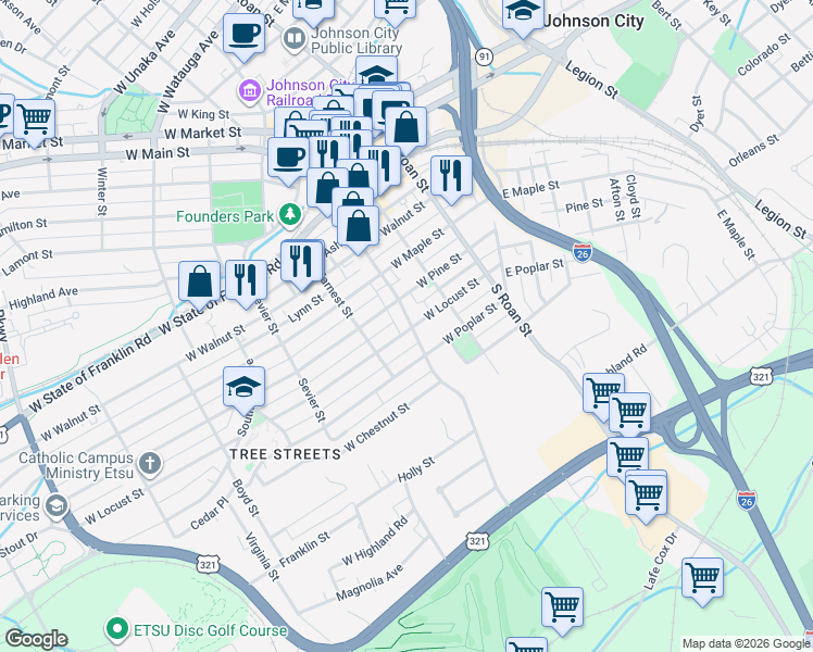 map of restaurants, bars, coffee shops, grocery stores, and more near in Johnson City