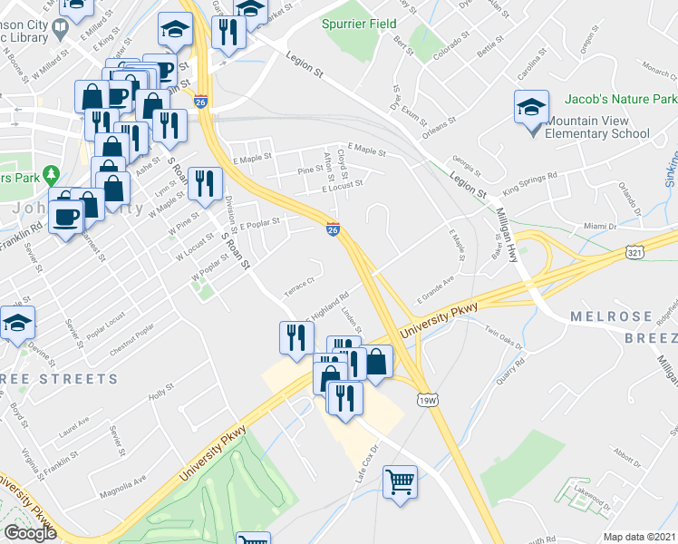 map of restaurants, bars, coffee shops, grocery stores, and more near 110 Terrace Court in Johnson City