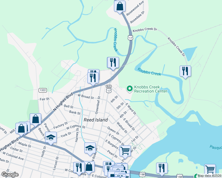 map of restaurants, bars, coffee shops, grocery stores, and more near 105 East Ward Street in Elizabeth City