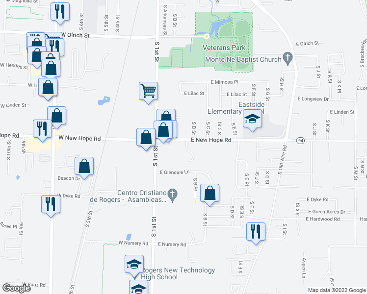 map of restaurants, bars, coffee shops, grocery stores, and more near 300 East New Hope Road in Rogers