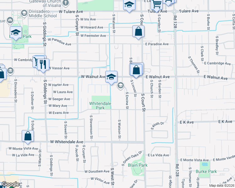 map of restaurants, bars, coffee shops, grocery stores, and more near 2021 South Encina Street in Visalia