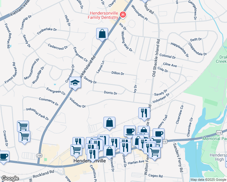 map of restaurants, bars, coffee shops, grocery stores, and more near 107 Dorris Drive in Hendersonville