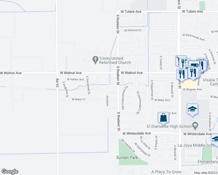 map of restaurants, bars, coffee shops, grocery stores, and more near 6145 West Laura Avenue in Visalia