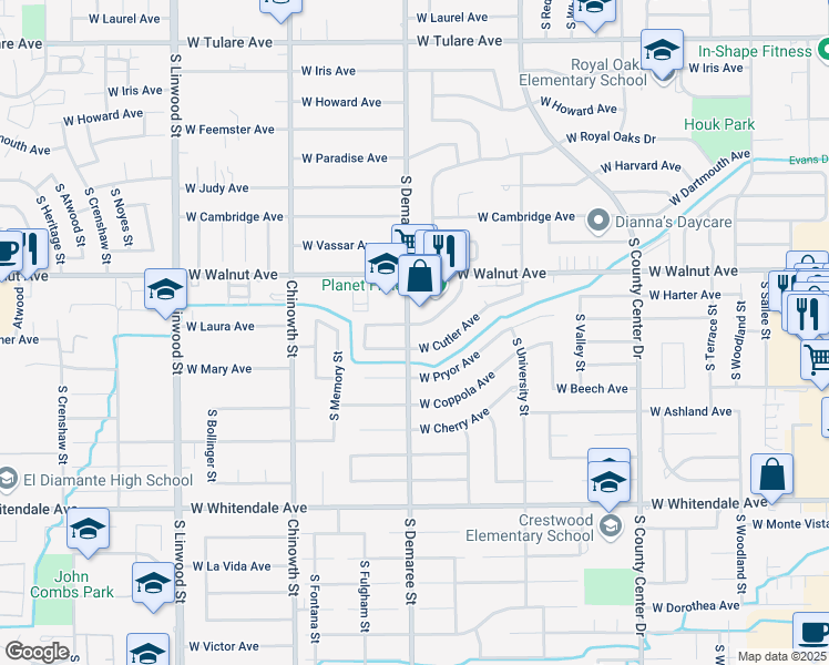 map of restaurants, bars, coffee shops, grocery stores, and more near 3626 West Cutler Avenue in Visalia