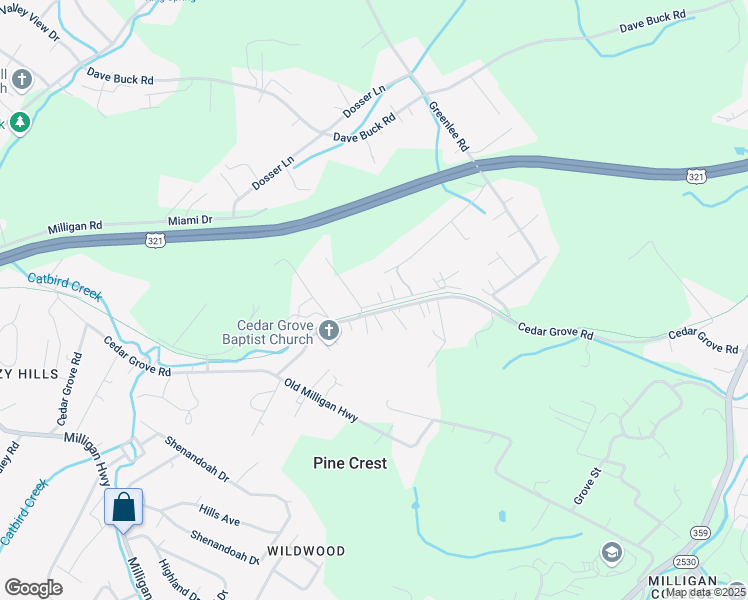 map of restaurants, bars, coffee shops, grocery stores, and more near 337 Cedar Grove Road in Johnson City