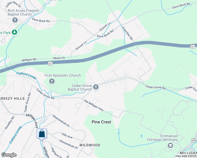 map of restaurants, bars, coffee shops, grocery stores, and more near 115 Cedar Grove Road in Johnson City