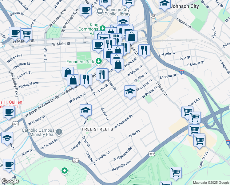 map of restaurants, bars, coffee shops, grocery stores, and more near 1004 Earnest Street in Johnson City