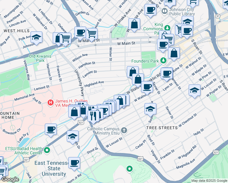 map of restaurants, bars, coffee shops, grocery stores, and more near 914 West Watauga Avenue in Johnson City