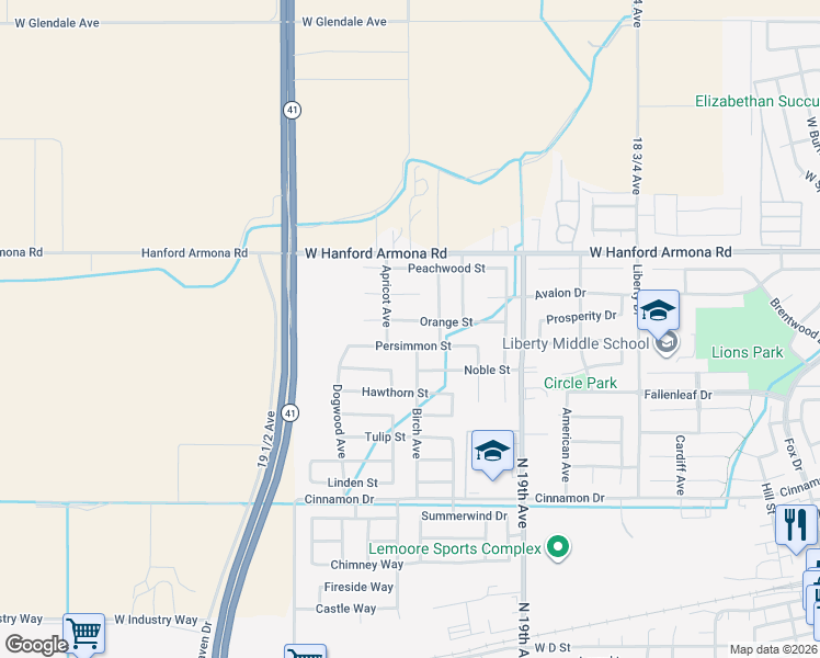 map of restaurants, bars, coffee shops, grocery stores, and more near 1546 Persimmon Street in Lemoore