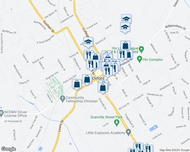 map of restaurants, bars, coffee shops, grocery stores, and more near State Highway 96 in Oxford