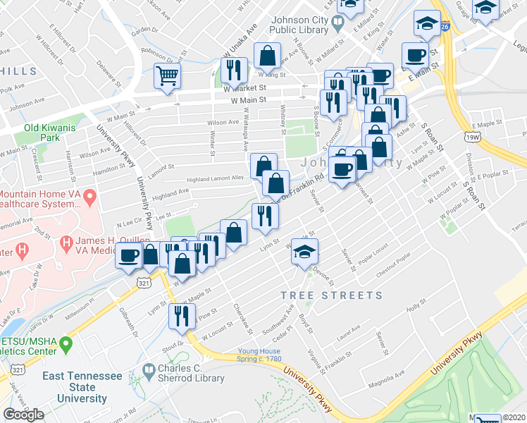 map of restaurants, bars, coffee shops, grocery stores, and more near 910 W Watauga Ave in Johnson City