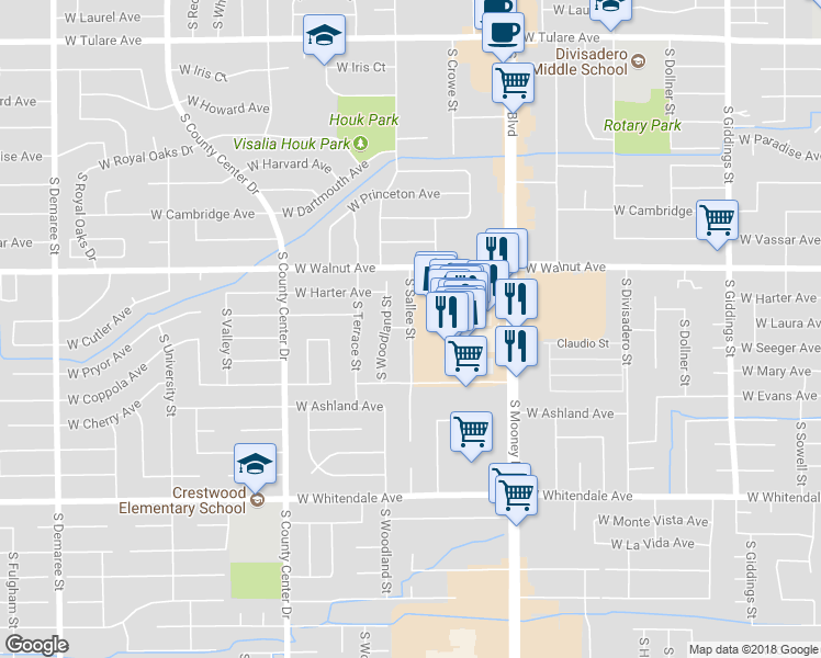 map of restaurants, bars, coffee shops, grocery stores, and more near 2200 South Sallee Street in Visalia