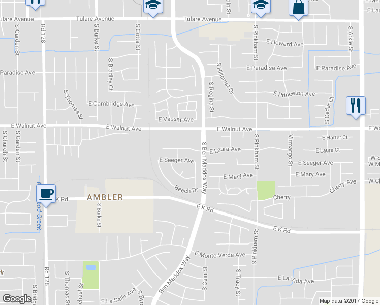 map of restaurants, bars, coffee shops, grocery stores, and more near 1549 East Laura Avenue in Visalia