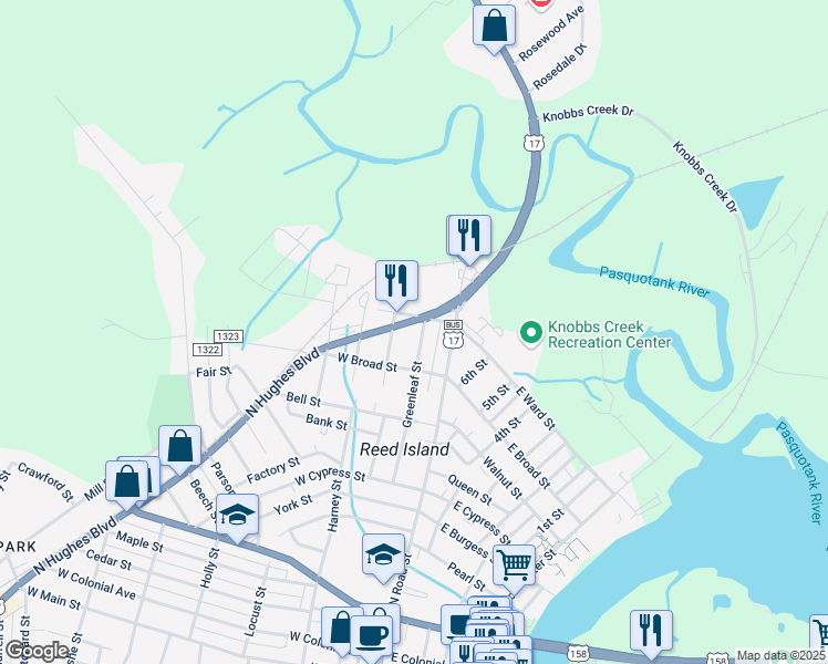map of restaurants, bars, coffee shops, grocery stores, and more near 905 Greenleaf Street in Elizabeth City