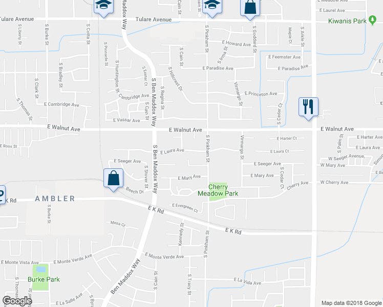 map of restaurants, bars, coffee shops, grocery stores, and more near 1945 East Laura Avenue in Visalia
