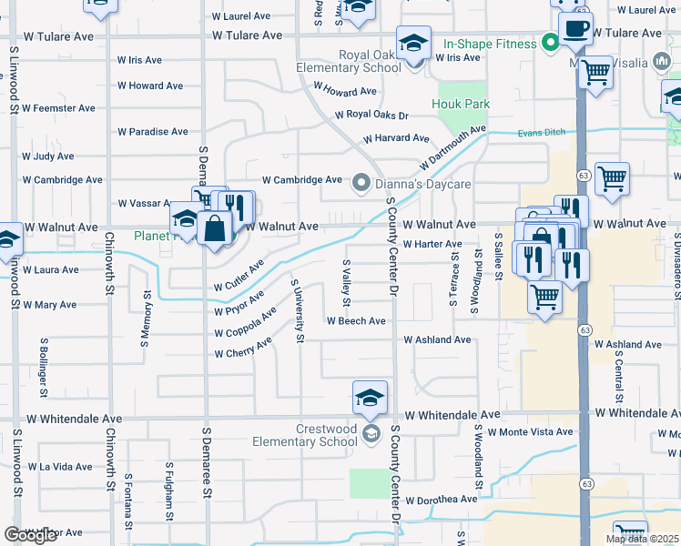 map of restaurants, bars, coffee shops, grocery stores, and more near 2229 South Valley Street in Visalia