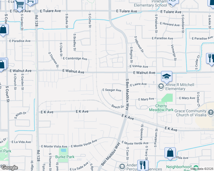 map of restaurants, bars, coffee shops, grocery stores, and more near 1409 East Seeger Avenue in Visalia