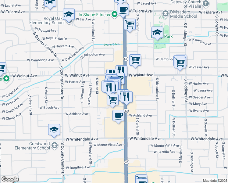 map of restaurants, bars, coffee shops, grocery stores, and more near 2161 South Mooney Boulevard in Visalia