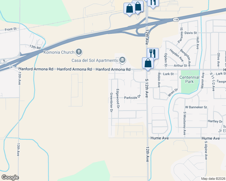 map of restaurants, bars, coffee shops, grocery stores, and more near 1185 Greenfield Avenue in Hanford