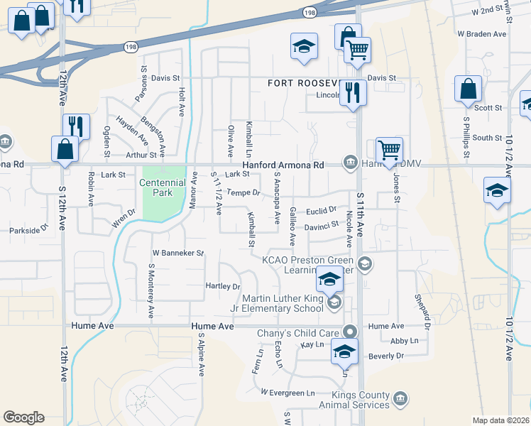 map of restaurants, bars, coffee shops, grocery stores, and more near 1275 Kimball Avenue in Hanford