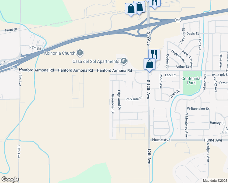 map of restaurants, bars, coffee shops, grocery stores, and more near 1185 Greenfield Avenue in Hanford