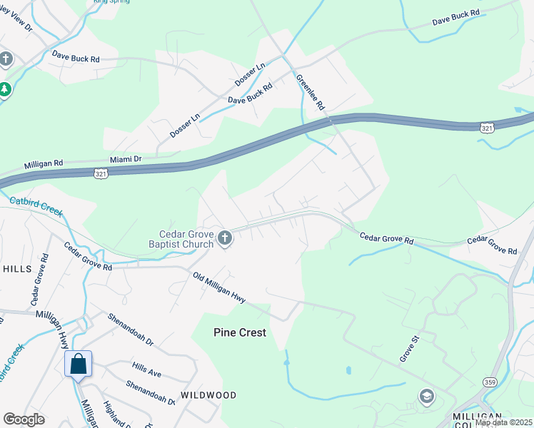map of restaurants, bars, coffee shops, grocery stores, and more near 303 Cedar Grove Road in Johnson City